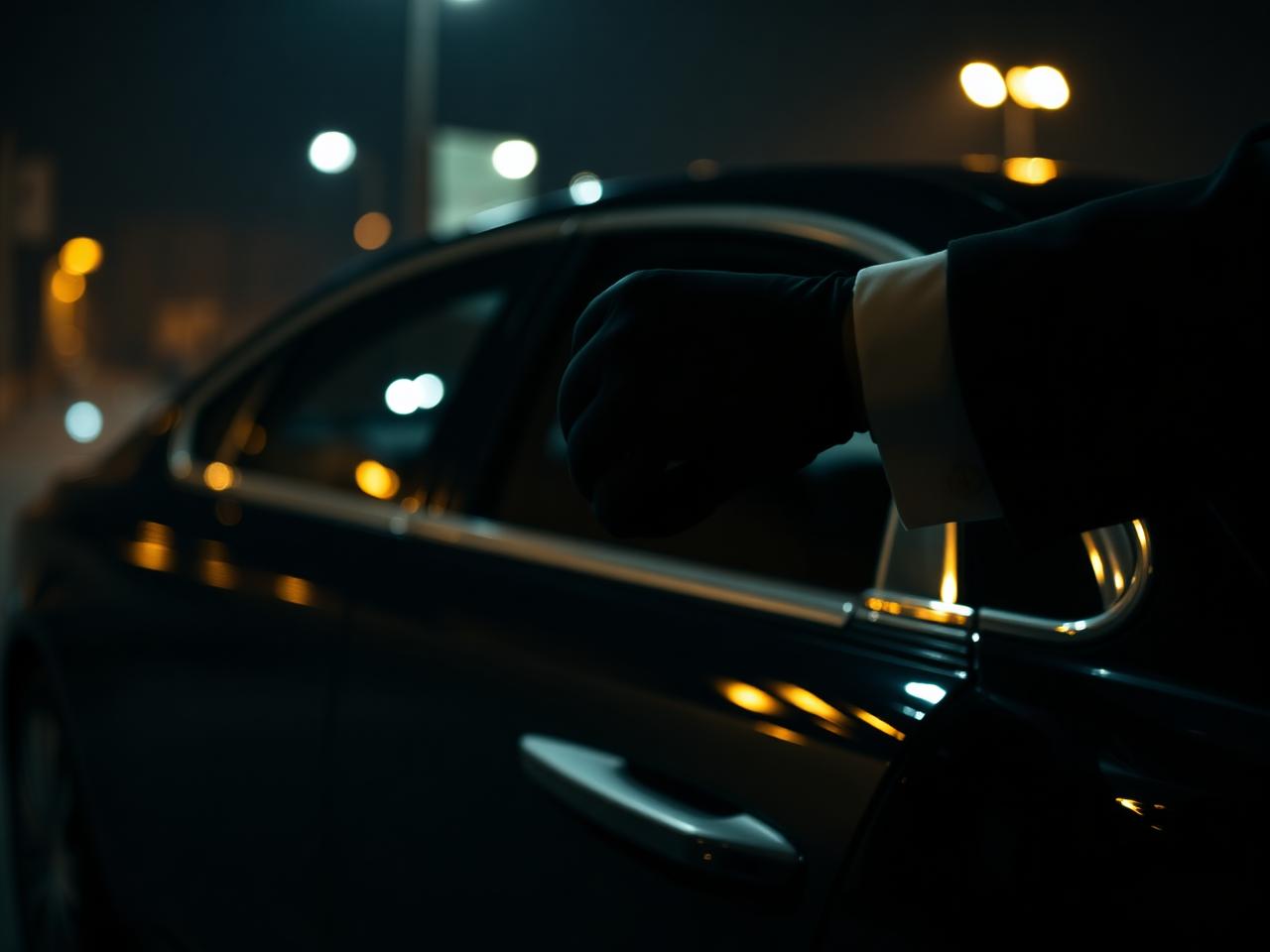 Gloved chauffeur opening rear door of a luxury saloon at night